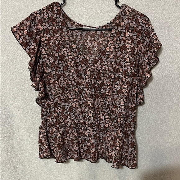 Maurices Tops - Maurices Floral Ruffle Sleeve Blouse - Black and Pink
